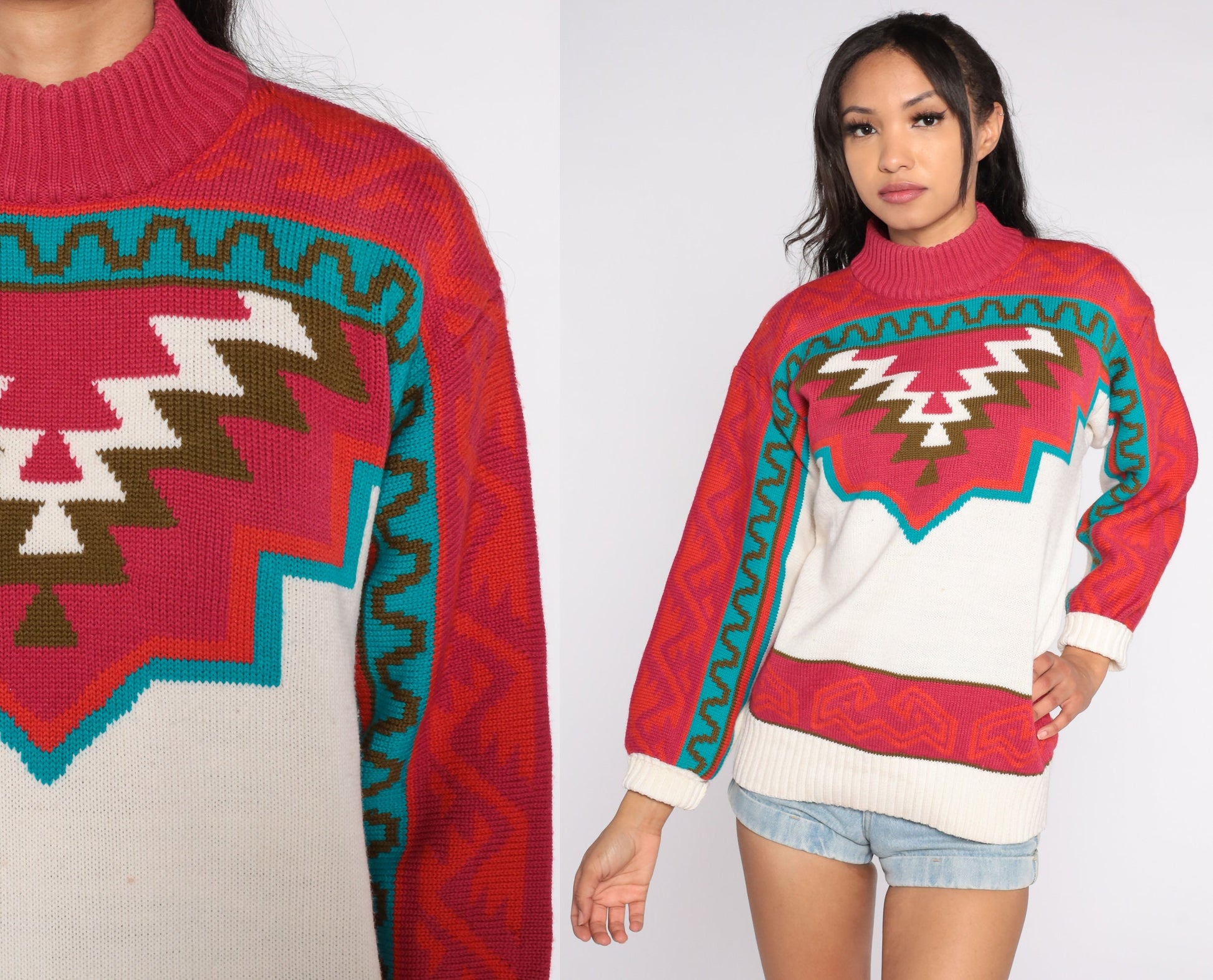 80s Southwestern Geometric Mock Neck Sweater Red Blue White Wool Blend Small