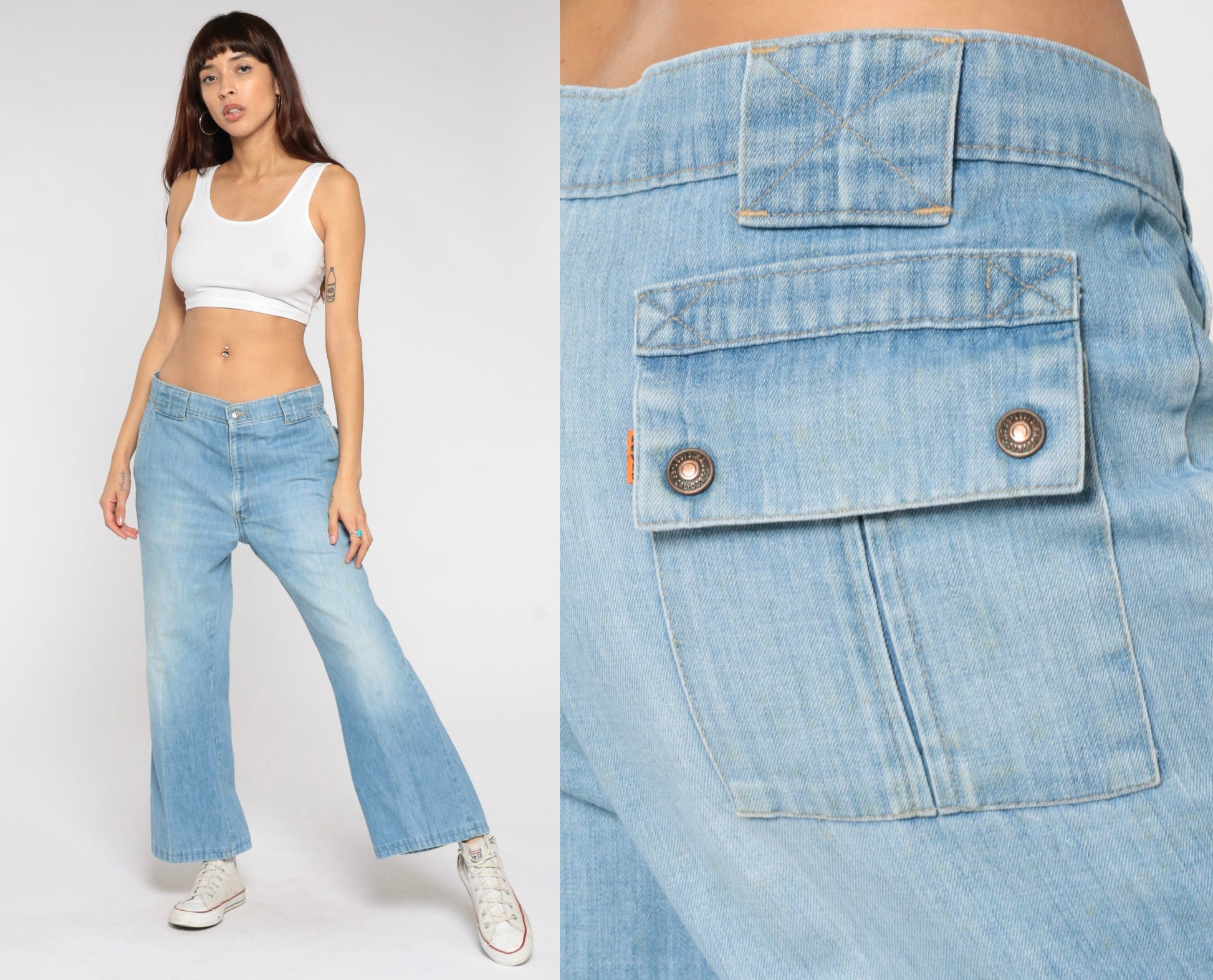 70s Levi's Orange Tab Bell Bottom Jeans High Waist Blue Denim Men's 35