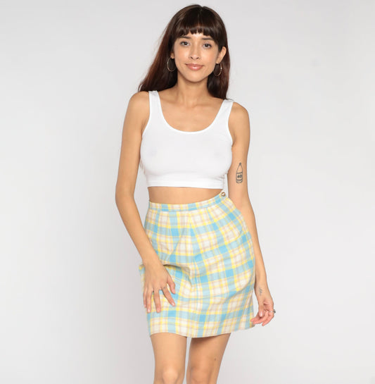 60s Yellow Blue Plaid Pencil Skirt High Waist Mini Mod Small