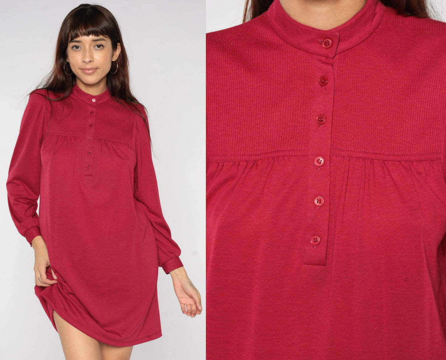 70s Leslie Fay Berry Red Mini Dress Puff Sleeve Button Bib Medium