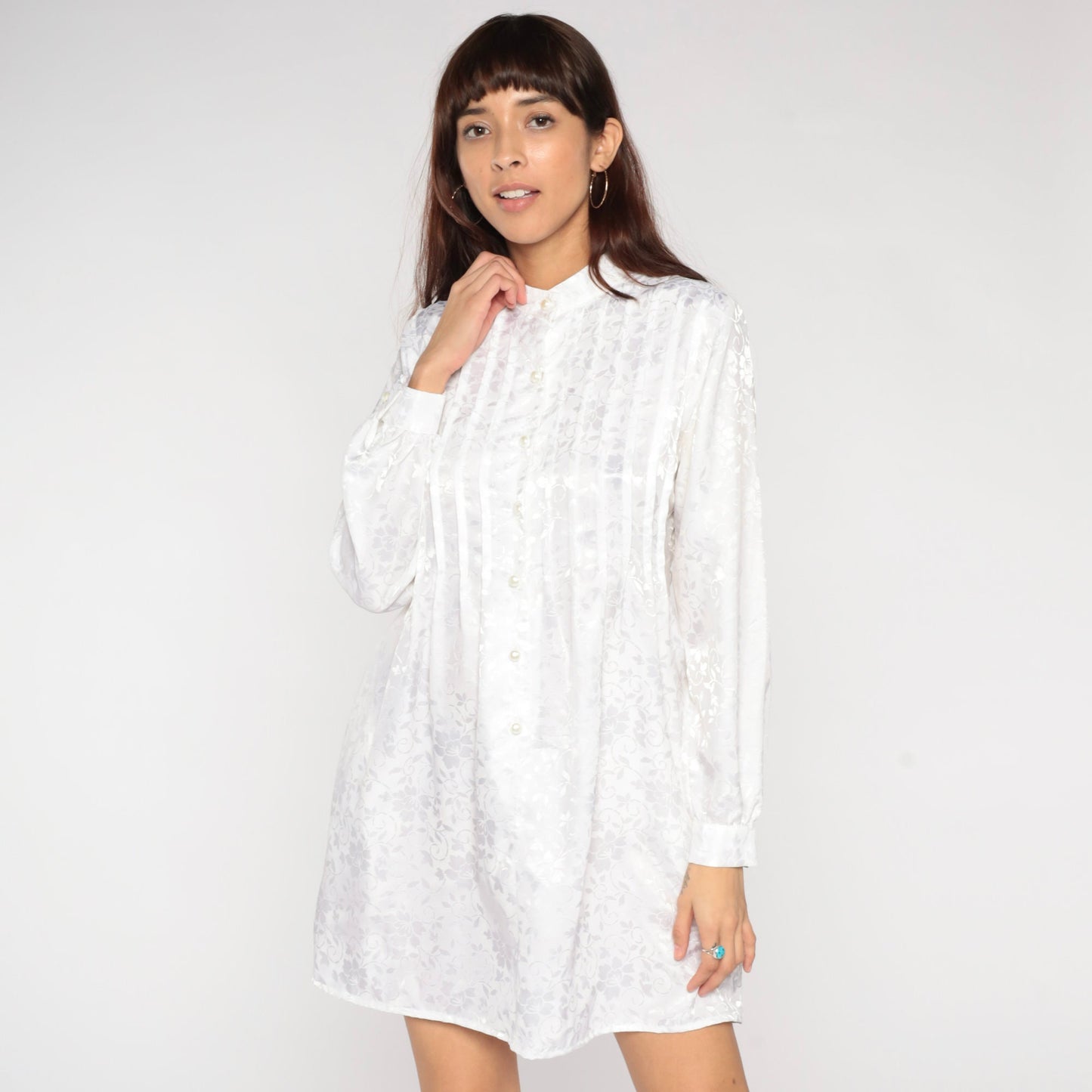 80s White Embossed Floral Mini Shirtdress Long Sleeve Pearl Buttons Extra Small