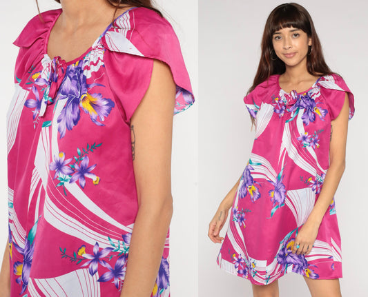 80s Pink Tropical Floral Mini Dress Tulip Sleeve Shift Medium M