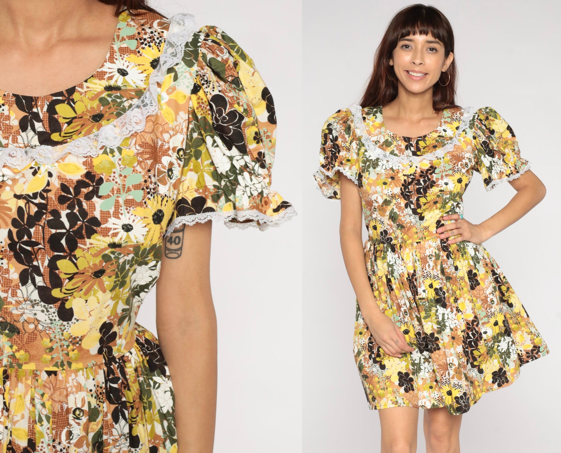 00s Floral Mini Dress Puff Sleeve High Waist Pleated Skirt Medium