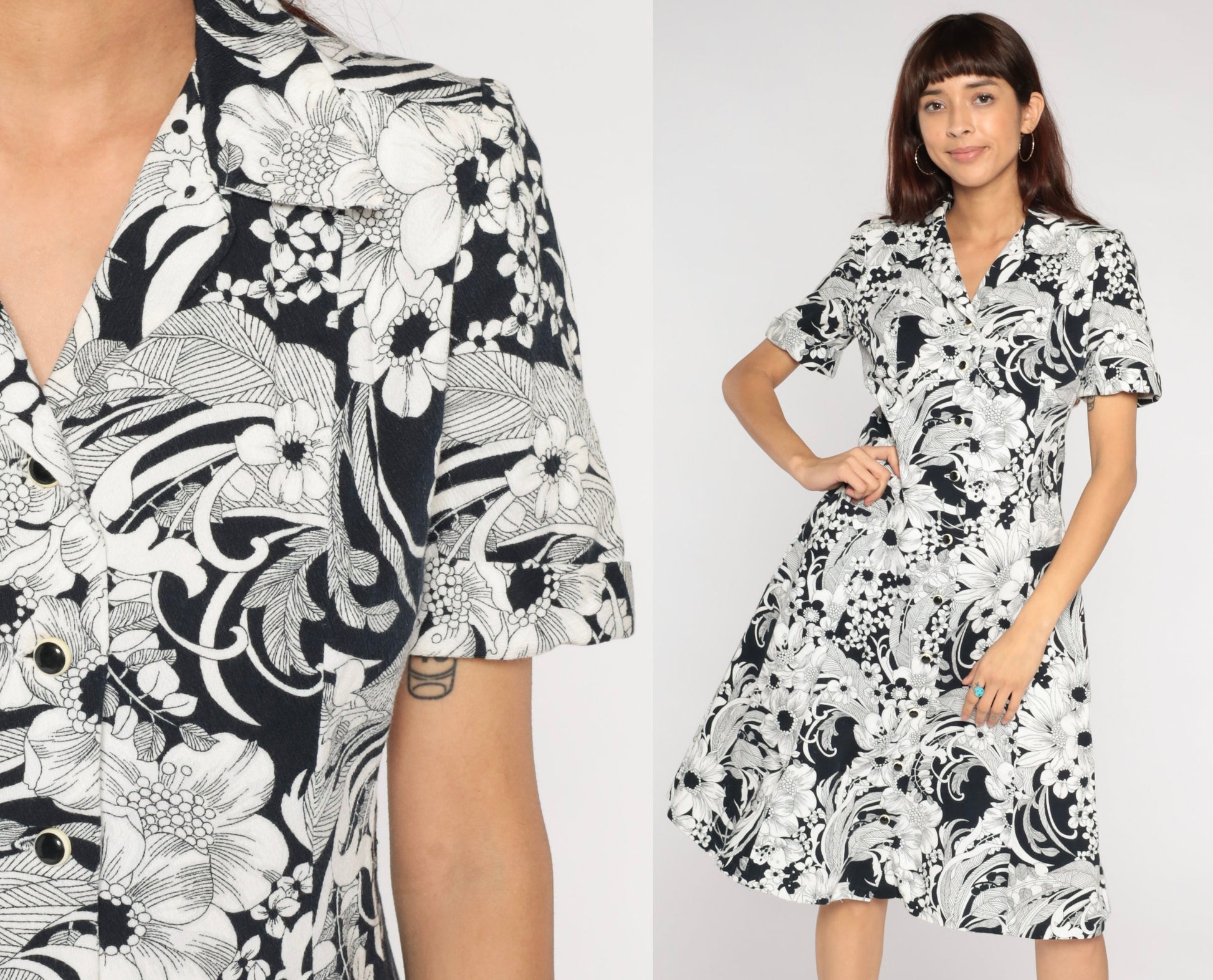 70s Black White Floral Shift Dress Knee Length Button Up Collar Short Sleeve Medium
