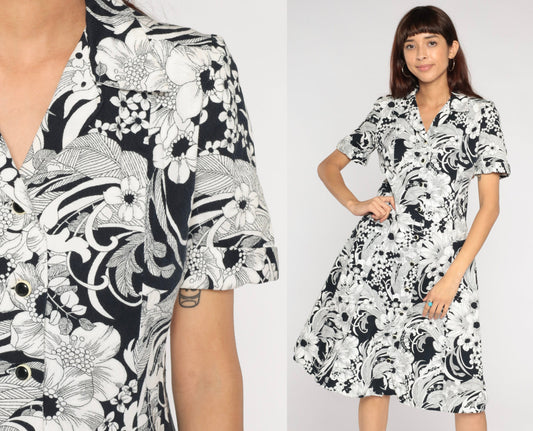 70s Black White Floral Shift Dress Knee Length Button Up Collar Short Sleeve Medium