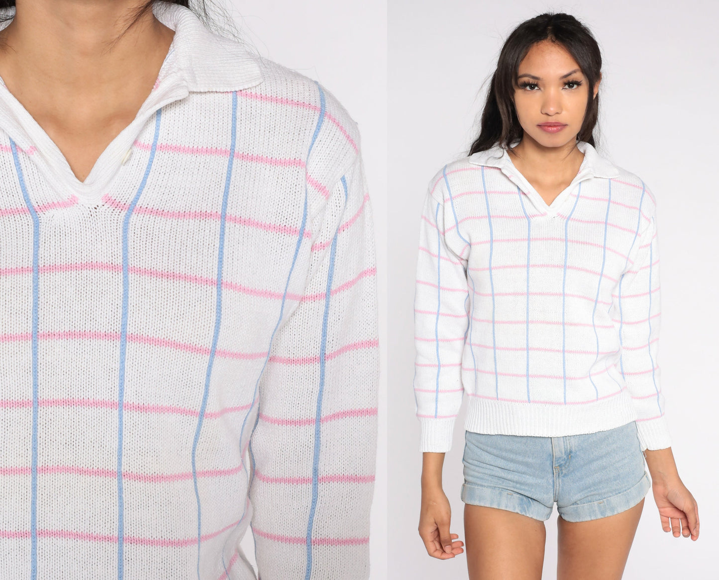 90s White Checkered Collared Sweater Blue Pink Cotton Ramie Knit Small
