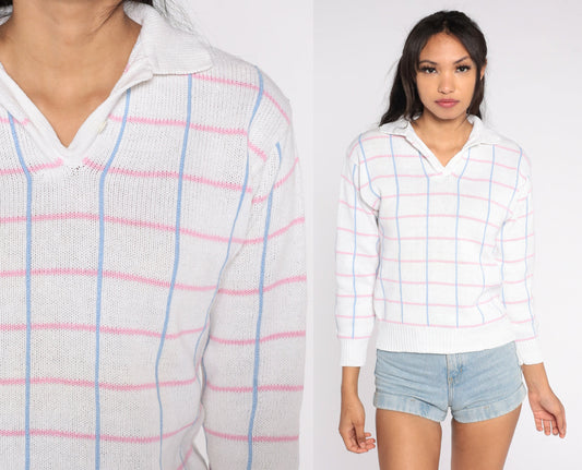90s White Checkered Collared Sweater Blue Pink Cotton Ramie Knit Small