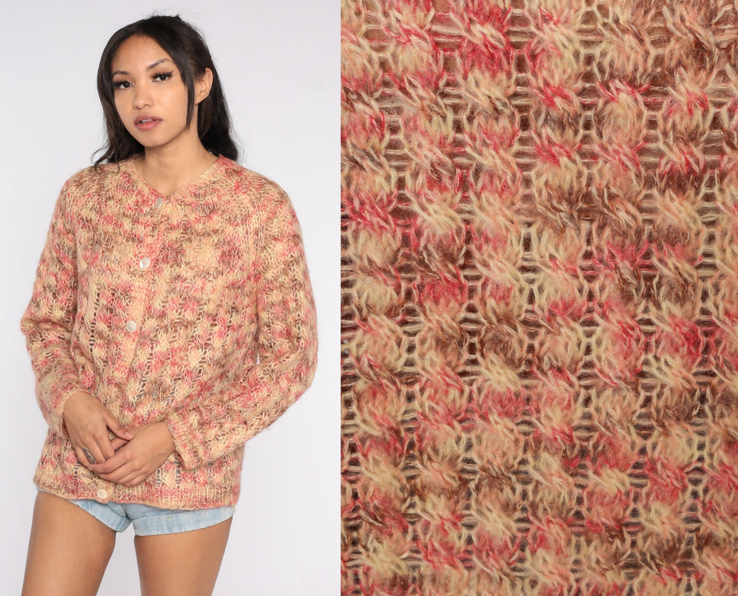 60s Cardigan Sweater Multicolor Pink Beige Brown Knit Button Up Large L