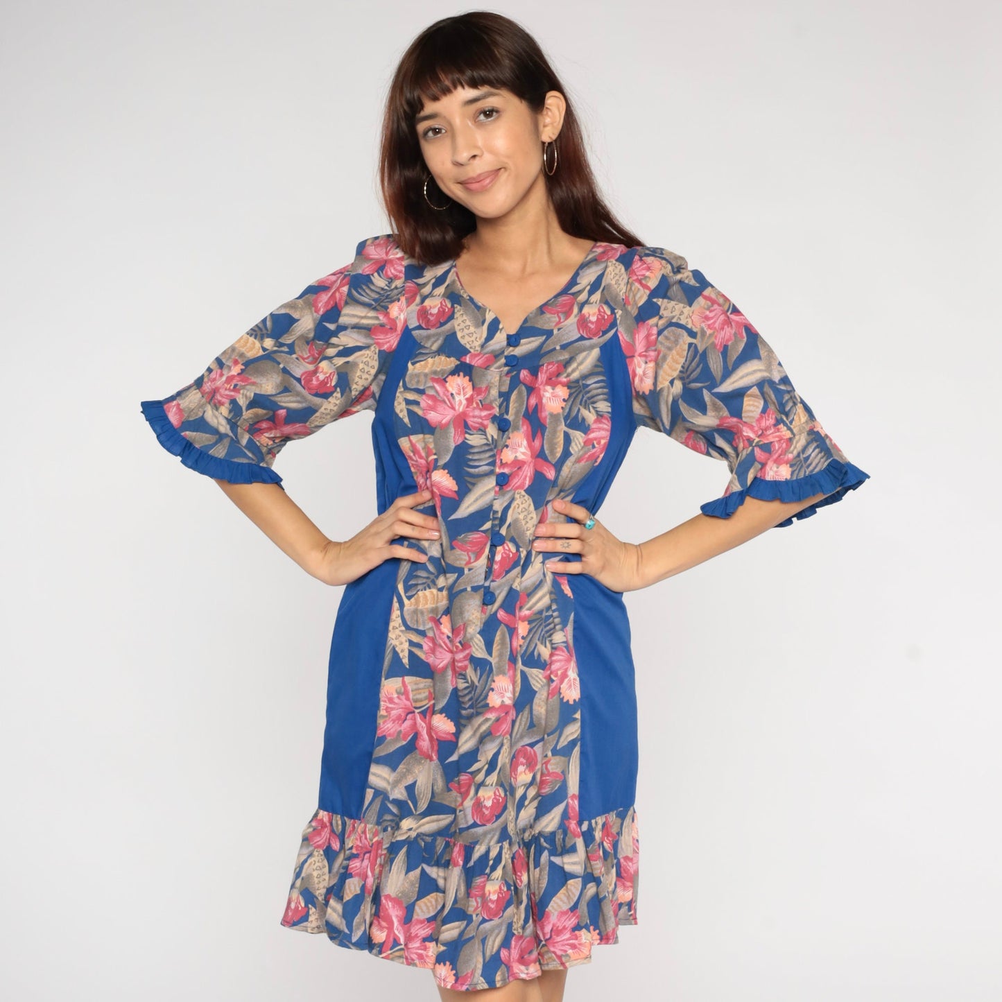 80s Tori Richard Tropical Floral Mini Dress Blue Button-Up Small