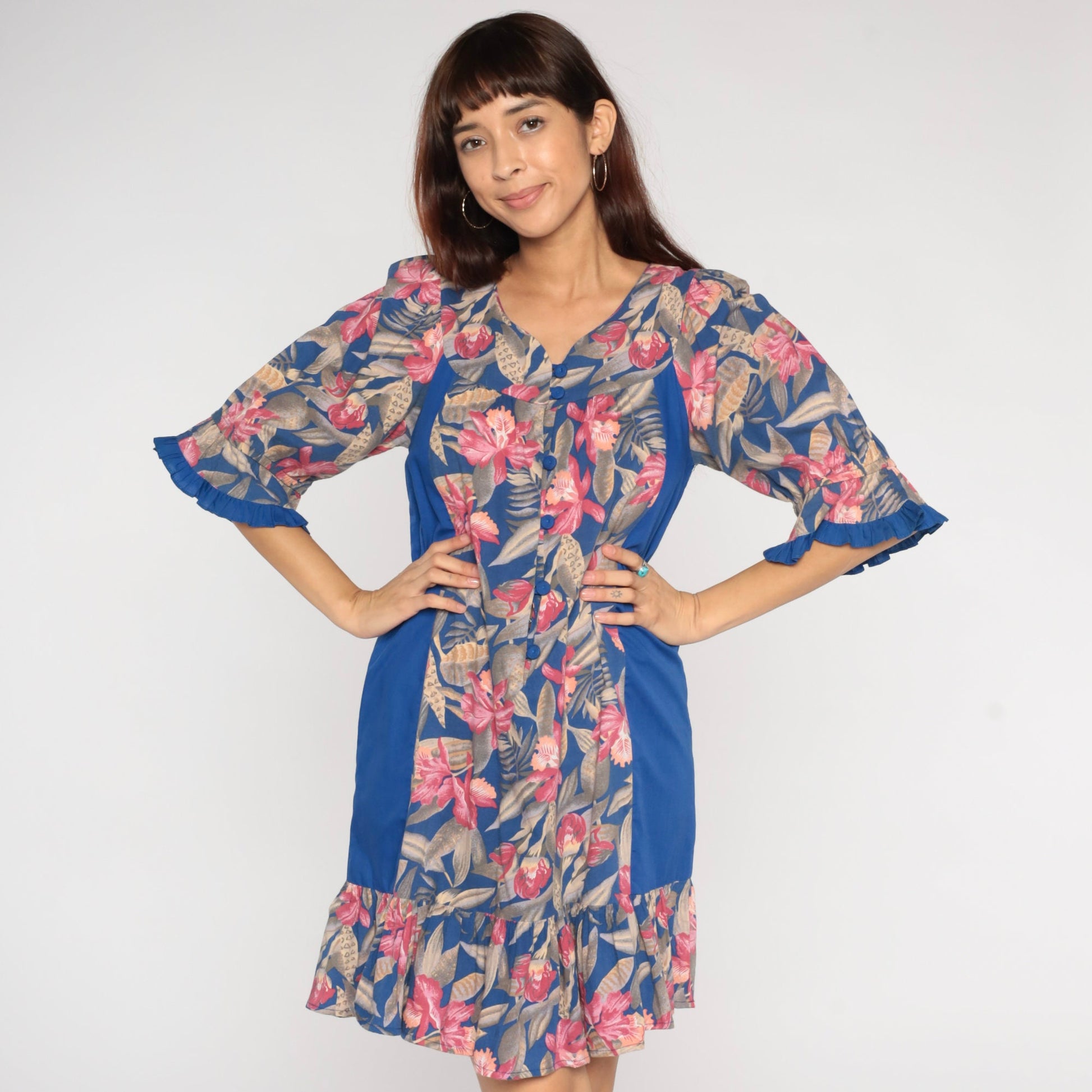 80s Tori Richard Tropical Floral Mini Dress Blue Button-Up Small