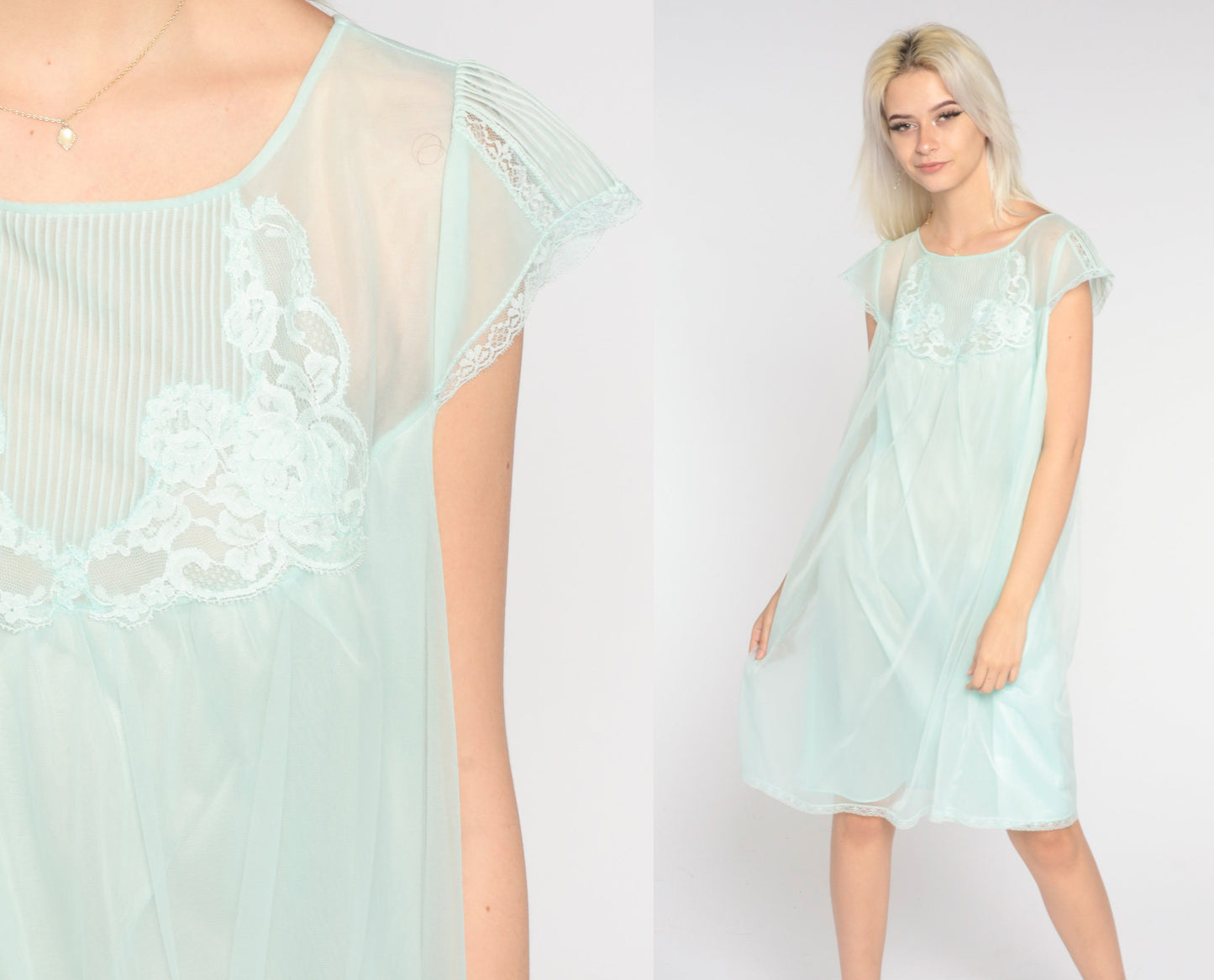 70s Mint Nylon Nightgown Lace Trim Mini Babydoll Slip Dress Large