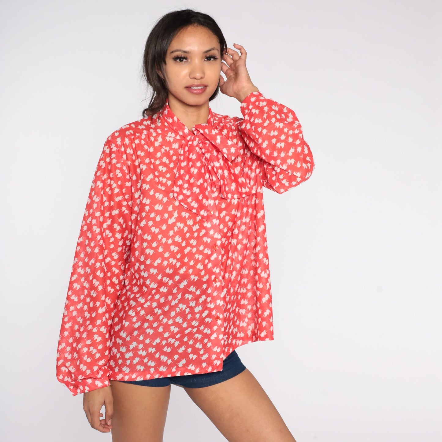 70s Red Abstract Leaf Print Ascot Blouse Long Sleeve Button Up Extra Large