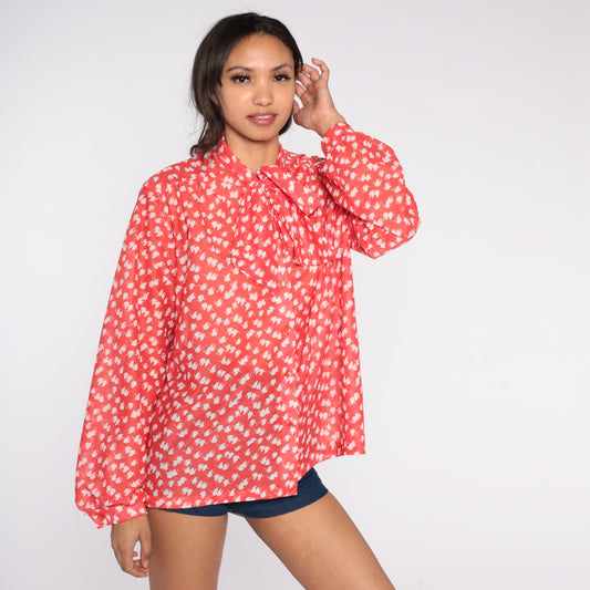 70s Red Abstract Leaf Print Ascot Blouse Long Sleeve Button Up Extra Large
