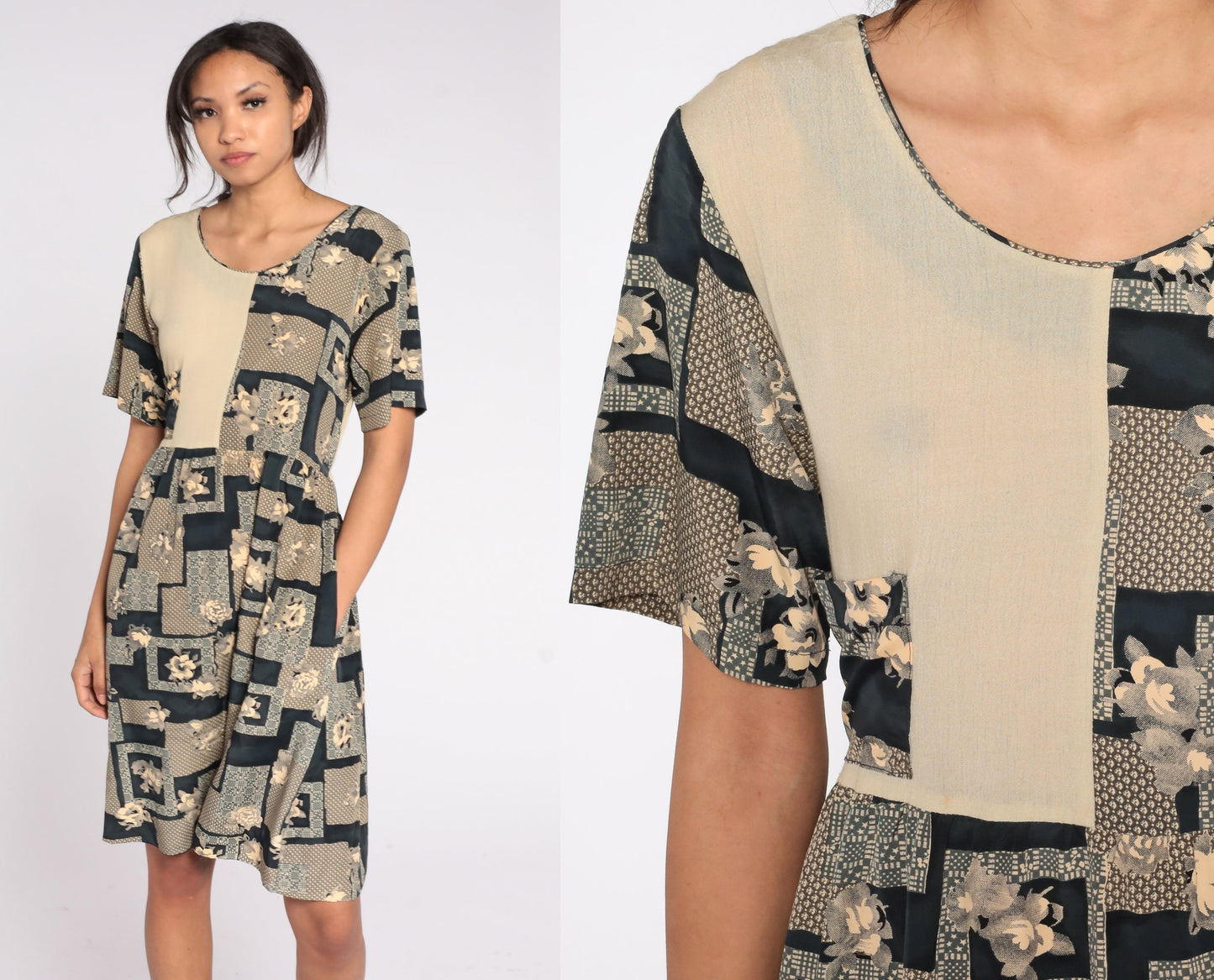 90s Geometric Floral Midi Dress High Waist Short Sleeve Taupe Medium