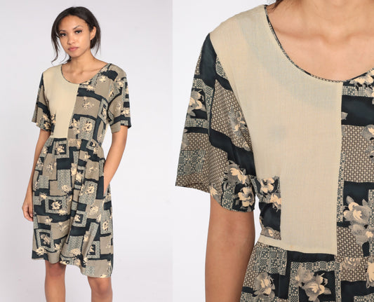90s Geometric Floral Midi Dress High Waist Short Sleeve Taupe Medium