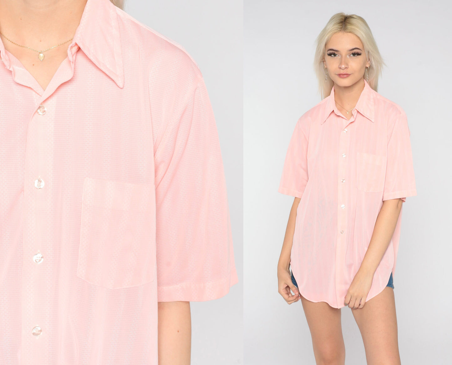 70s Baby Pink Button-Up Shirt Dagger Collar Short Sleeve Men's Large