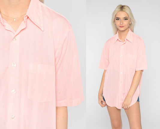 70s Baby Pink Button-Up Shirt Dagger Collar Short Sleeve Men's Large