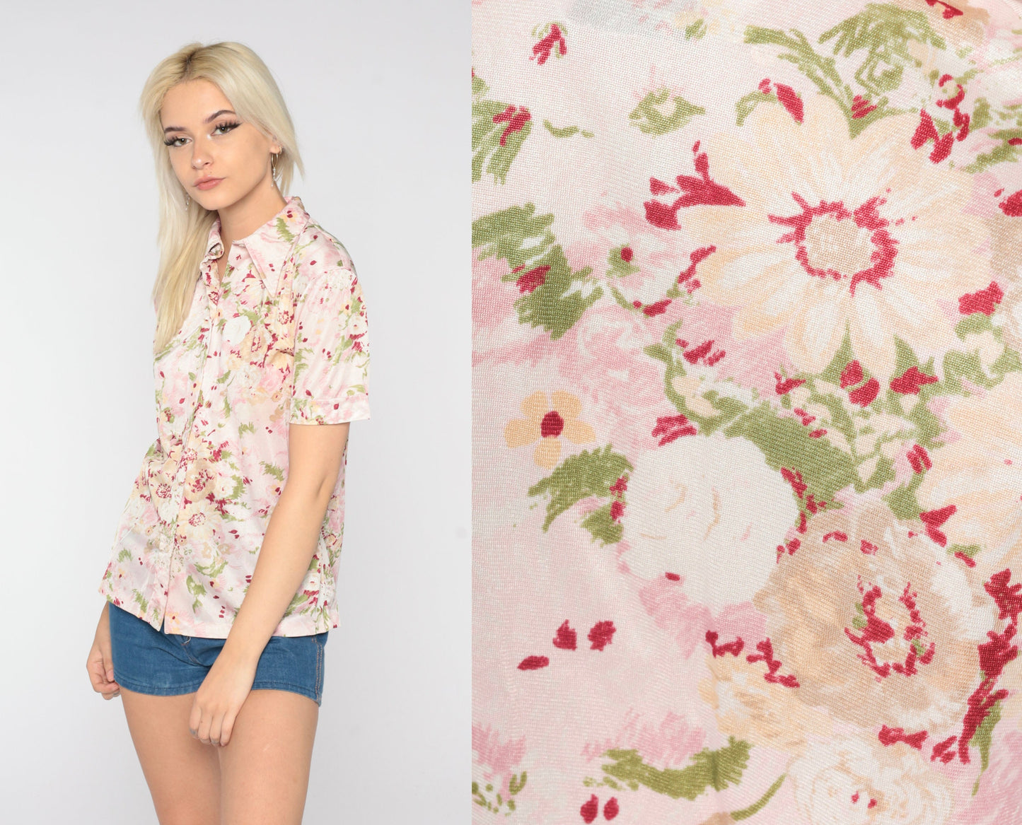 70s Pink Floral Button-Up Blouse Short Sleeve Pointed Collar Medium