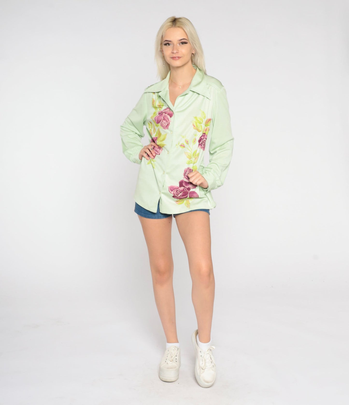 70s Green Floral Rose Print Blouse Pointed Collar Long Sleeve Button Up Medium