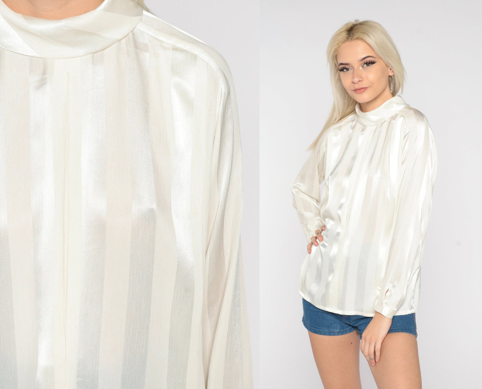 70s White Striped Turtleneck Blouse Long Sleeve Semi Sheer Medium M