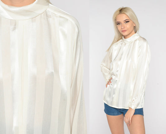 70s White Striped Turtleneck Blouse Long Sleeve Semi Sheer Medium M