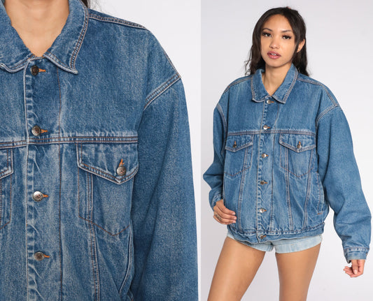 80s AG Jeans Denim Jacket Shearling Lined Button Up Blue Large