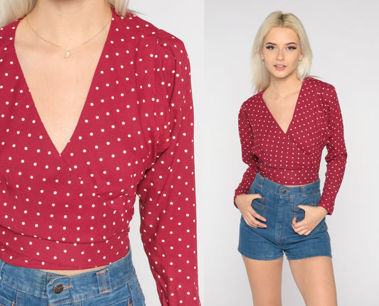 70s Polka Dot Wrap Blouse Burgundy Long Sleeve Crop Top Small