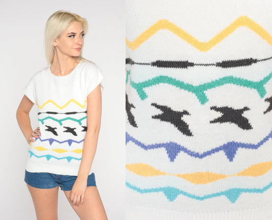 80s Knit Shirt White Geometric Stripe Bird Print Cap Sleeve Small Medium