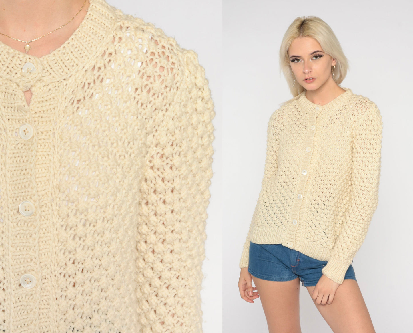 60s Cream Wool Cardigan Button-Up Knit Sweater Small S