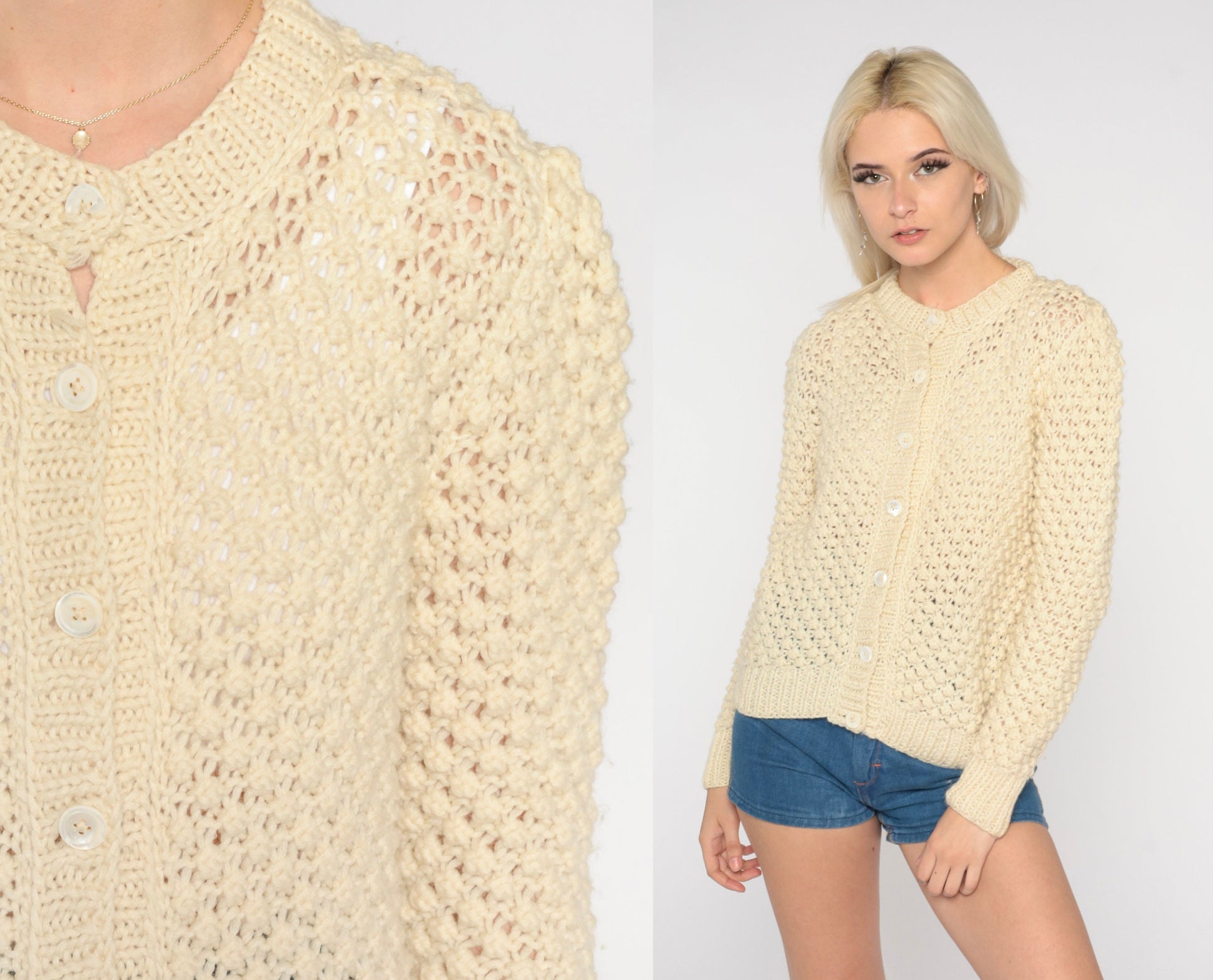 60s Cream Wool Cardigan Button-Up Knit Sweater Small S