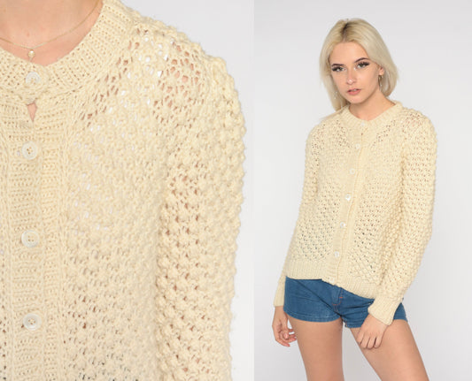 60s Cream Wool Cardigan Button-Up Knit Sweater Small S