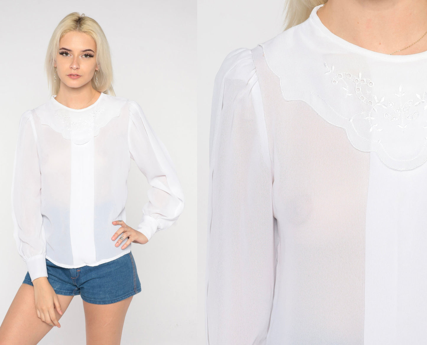 80s White Eyelet Blouse Puff Sleeve Sheer Bib Top Small