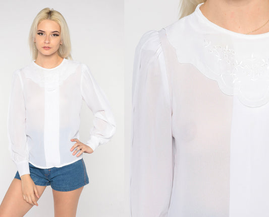 80s White Eyelet Blouse Puff Sleeve Sheer Bib Top Small