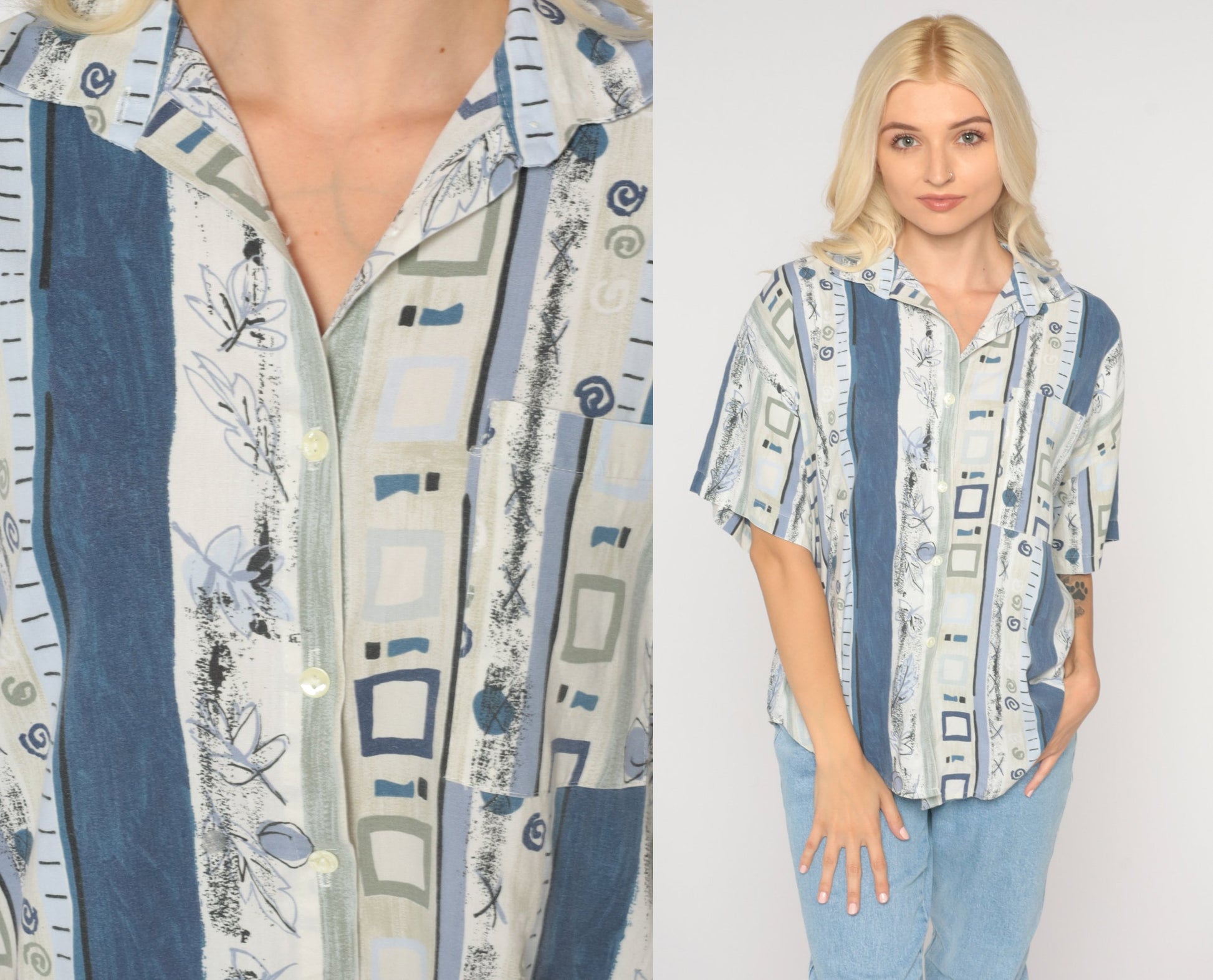 90s Geometric Striped Button Up Blouse Blue White Leaf Print Large L