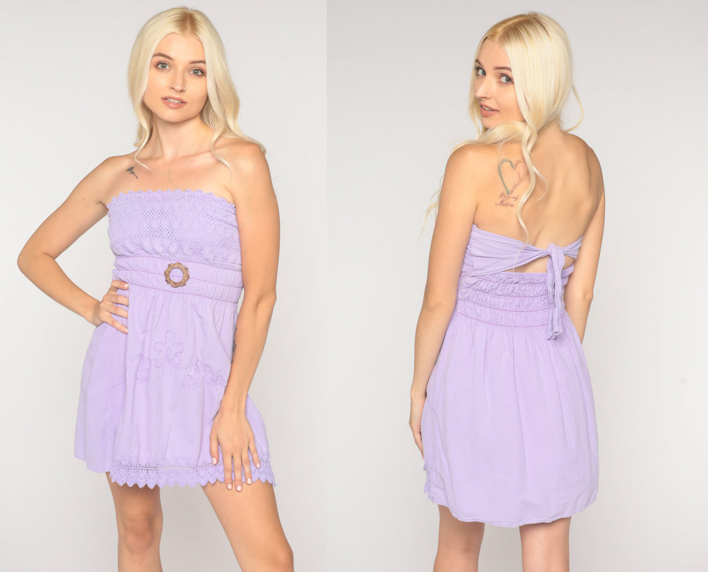 00s Lavender Strapless Mini Dress Crochet Smocked Embroidered Extra Small