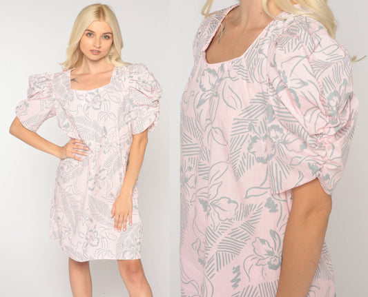 80s Floral Mini Dress Puff Sleeve Shift Dress Pink Botanical Small S