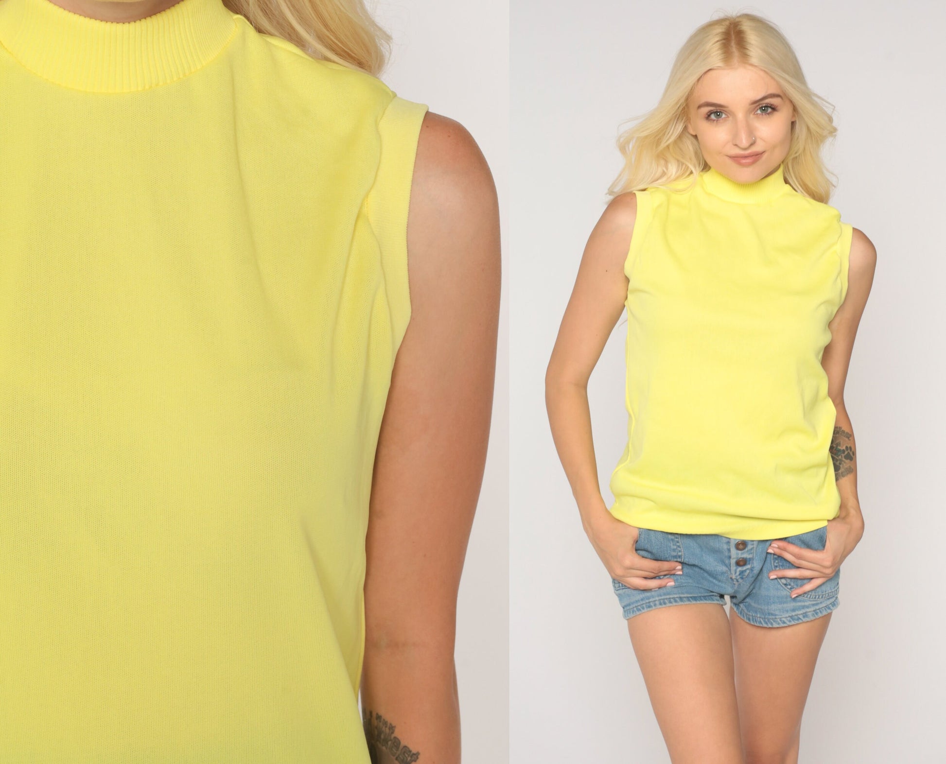 70s Yellow Sleeveless Mock Neck Tank Top Polyester Medium