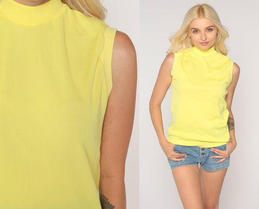 70s Yellow Sleeveless Mock Neck Tank Top Polyester Medium