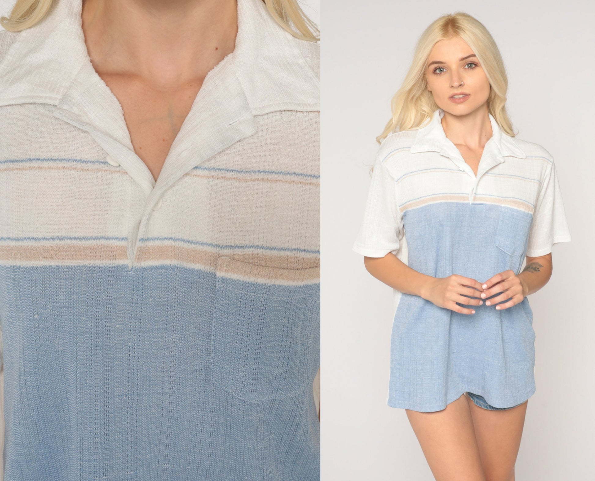 80s Color Block Striped Polo Shirt Baby Blue White Half Button Collared Medium Large