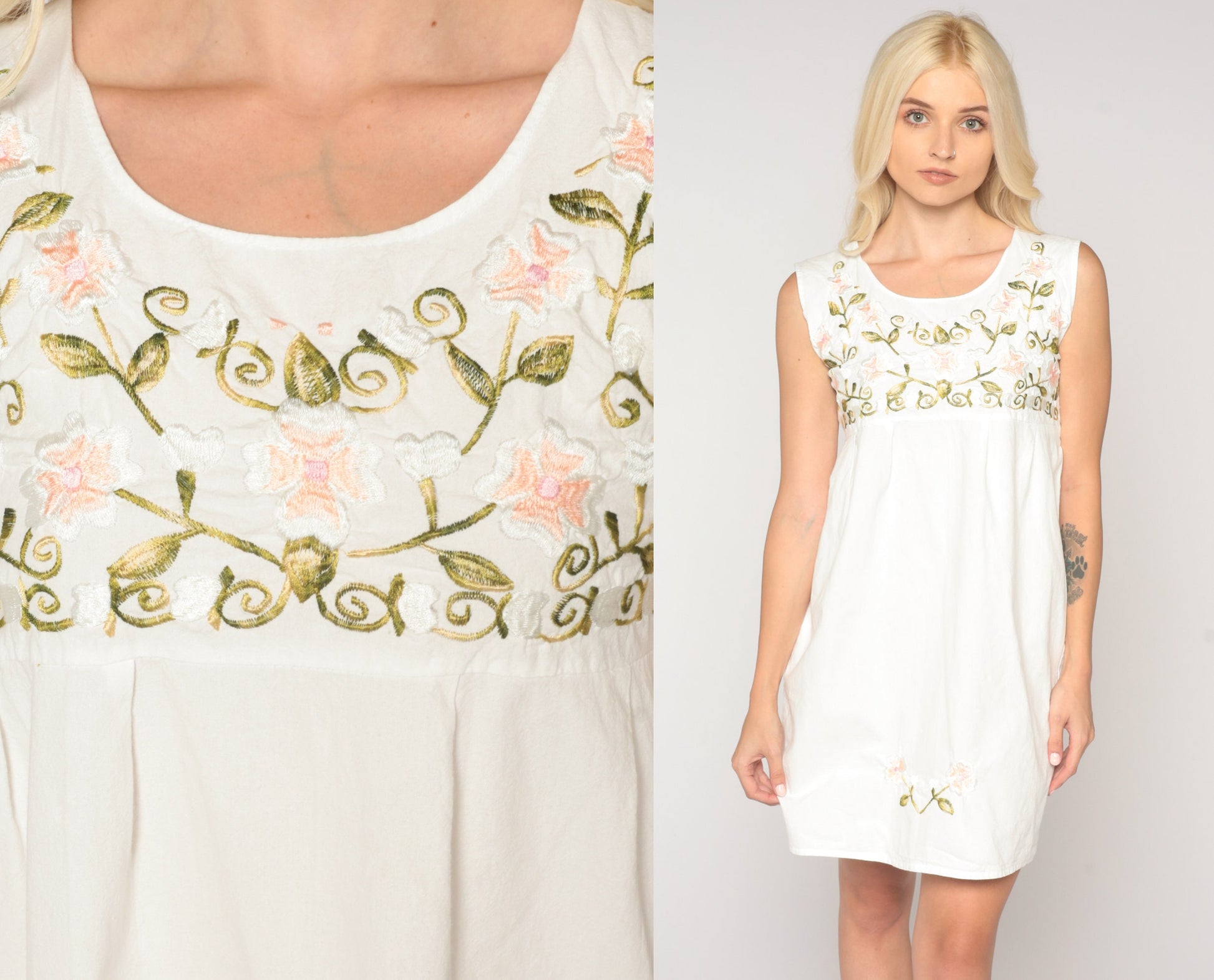 90s White Floral Embroidered Mini Dress Empire Waist Sleeveless Extra Small