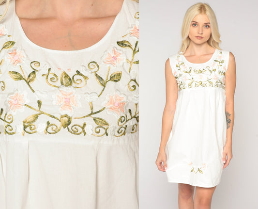 90s White Floral Embroidered Mini Dress Empire Waist Sleeveless Extra Small