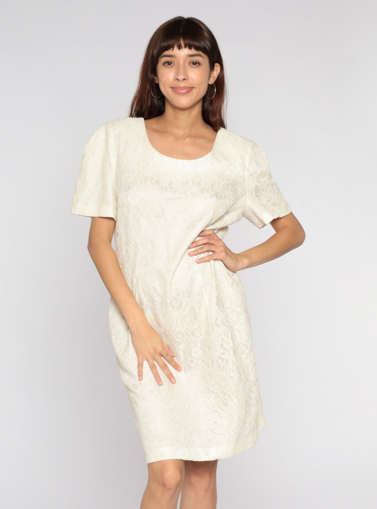 90s Off-White Lace Mini Dress Short Sleeve Sheath Cocktail Large L