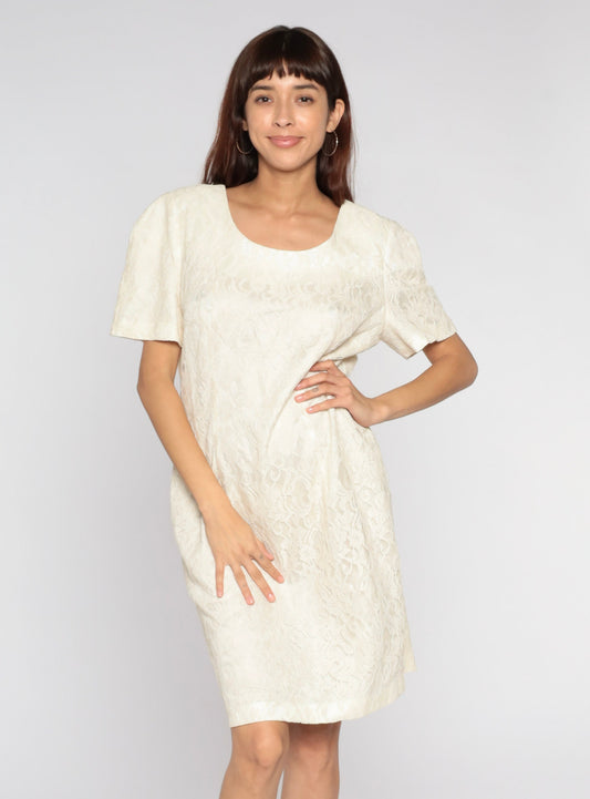 90s Off-White Lace Mini Dress Short Sleeve Sheath Cocktail Large L