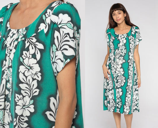 90s Hawaiian Tropical Floral Midi Dress Green Tent Cut Tulip Sleeve Medium