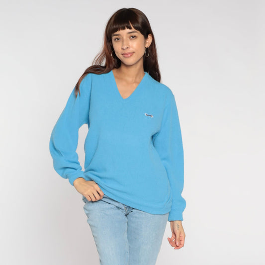 80s Light Blue Fox Emblem V-Neck Pullover Sweater Small S