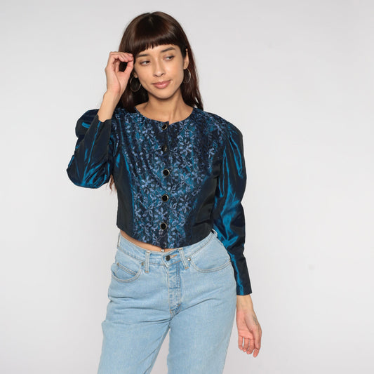 80s Metallic Blue Floral Lace Puff Sleeve Blouse Button Up Small