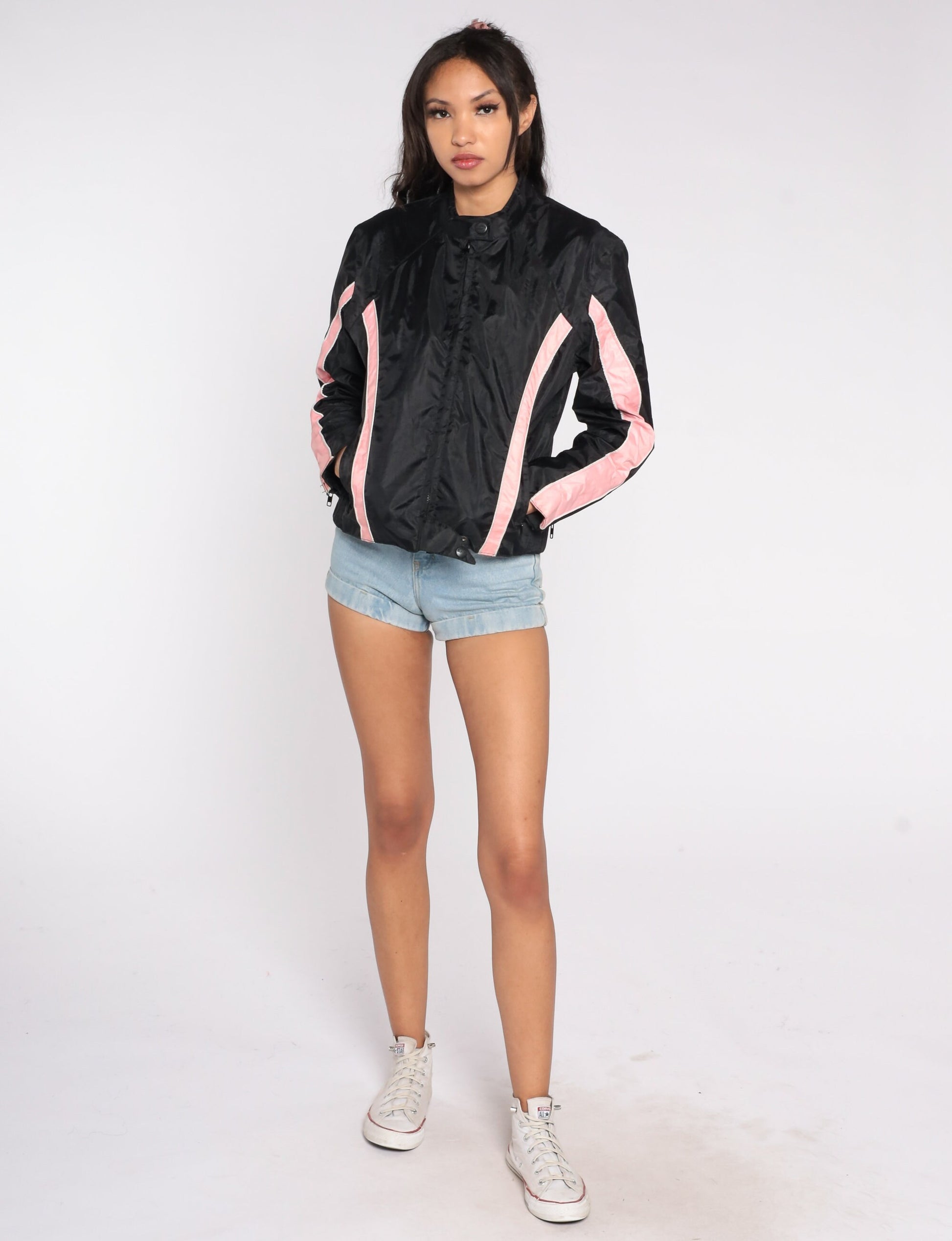 Y2K Black Moto Jacket Pink Stripes Biker Motorcycle Coat Small S
