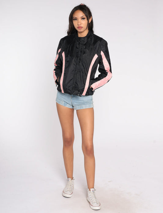 Y2K Black Moto Jacket Pink Stripes Biker Motorcycle Coat Small S