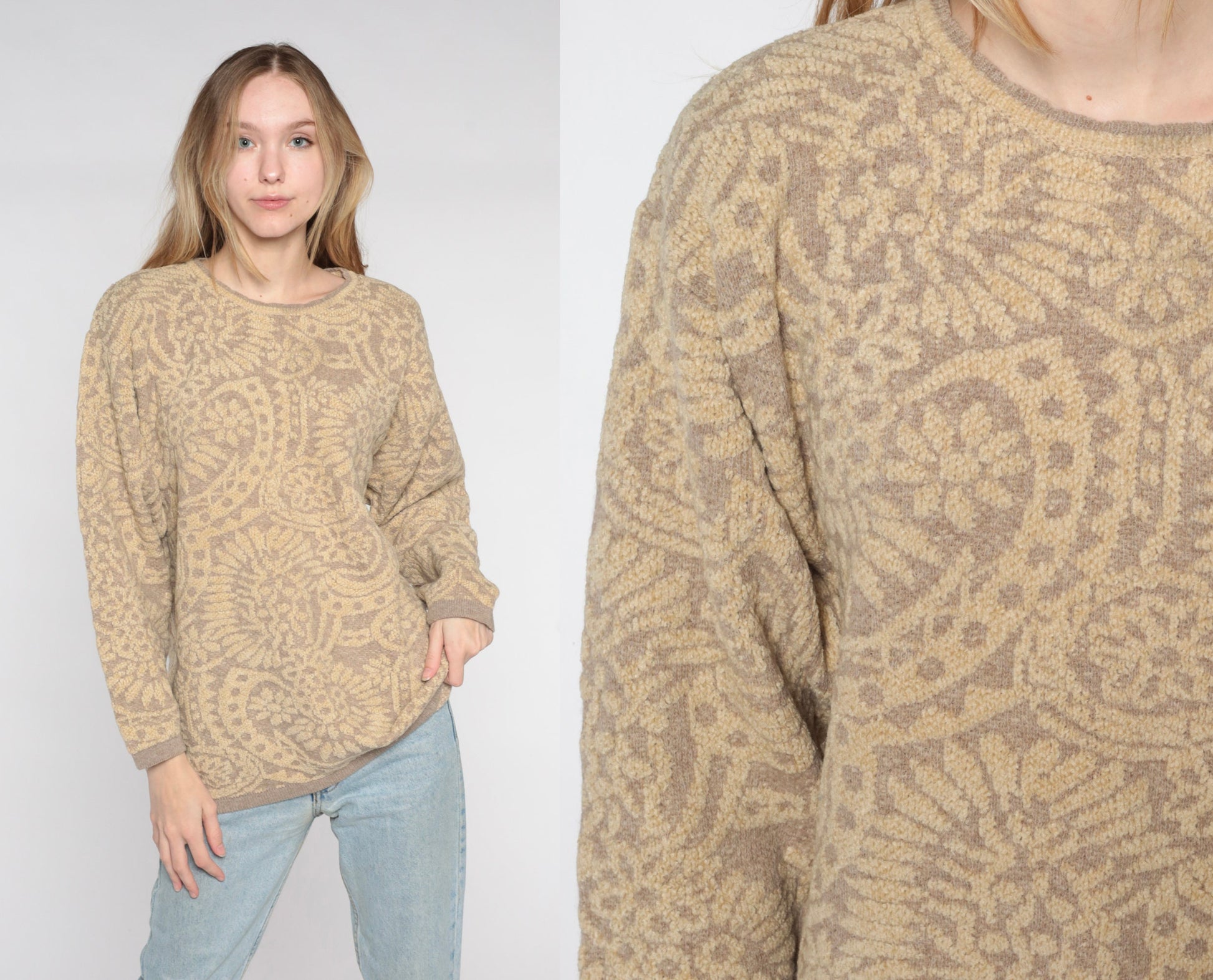 90s Tan Floral Wool Blend Sweater Italian Made Pullover Medium