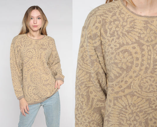 90s Tan Floral Wool Blend Sweater Italian Made Pullover Medium